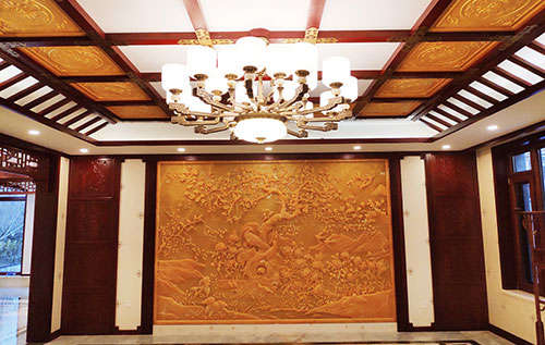 织金中式别墅客厅中式木作横梁吊顶装饰展示